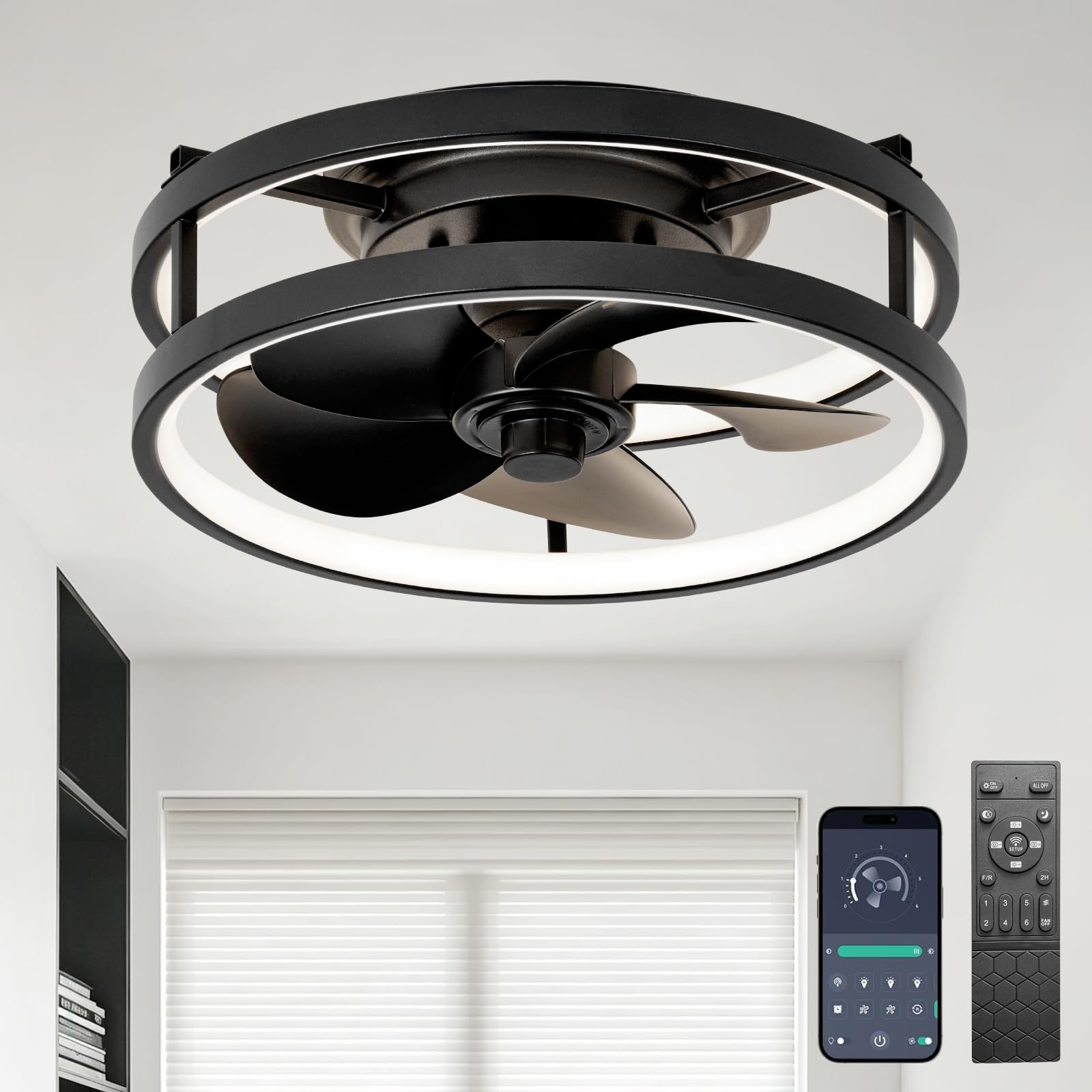 Zoruny 13" Small Ceiling Fan with Light with Remote Low Profile Flush Mount Fandalier LED Fan Light with App,Modern Ceiling Fans for Bedroom Black