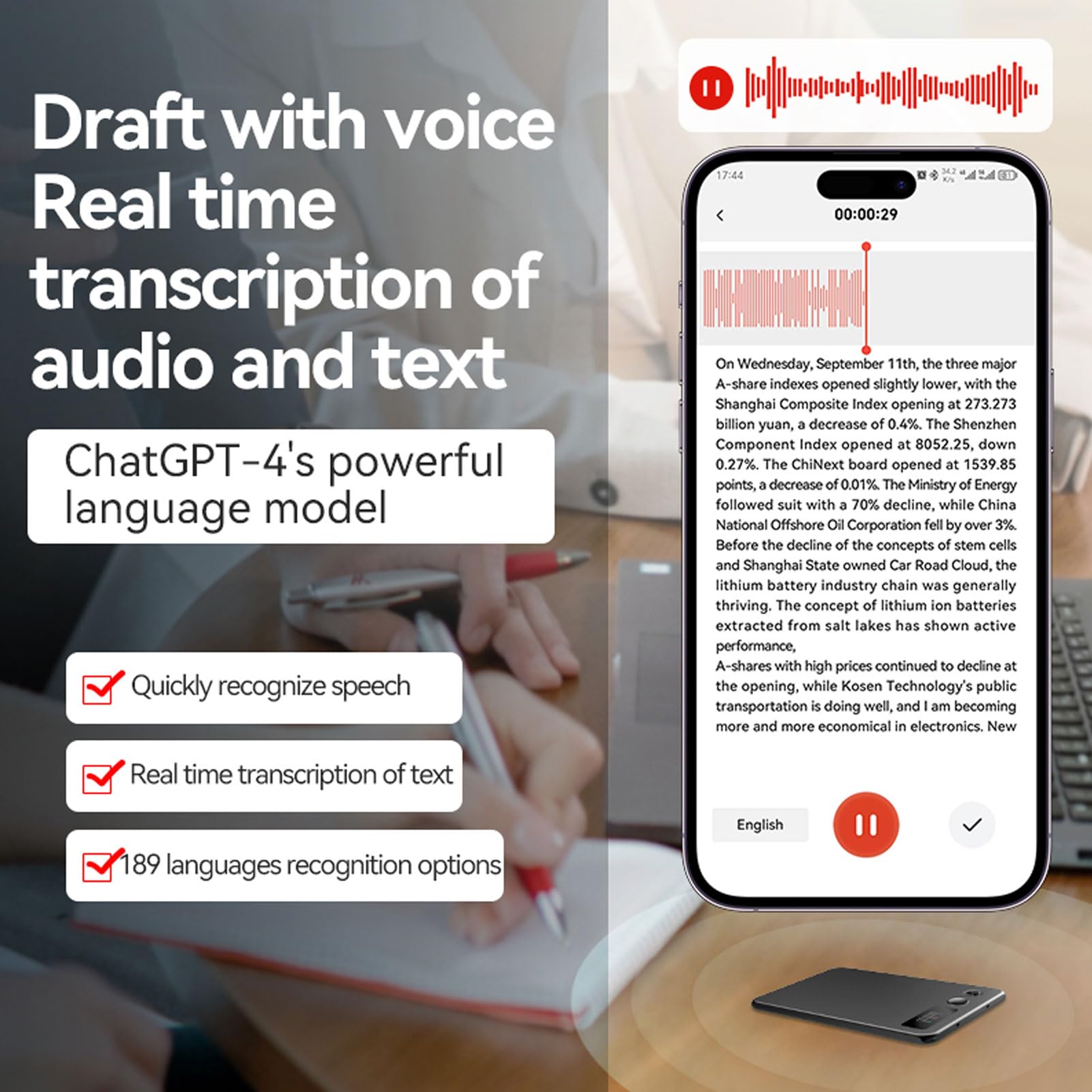 Zunate AI Recorder, Transkrypcja i Podsumowanie w Czasie Rzeczywistym za pomocą GPT 4.1 Technologia Dual Recording Silny Inteligentna Redukcja Szumów Obsługuje 112 Języków na Spotkania (128G)