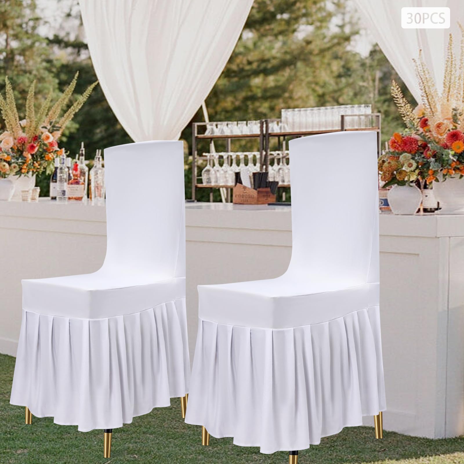 30 coprisedie bianche universali stretch coprisedia con gonna, coprisedia rimovibile, lavabile, per matrimoni, feste, hotel, ristoranti
