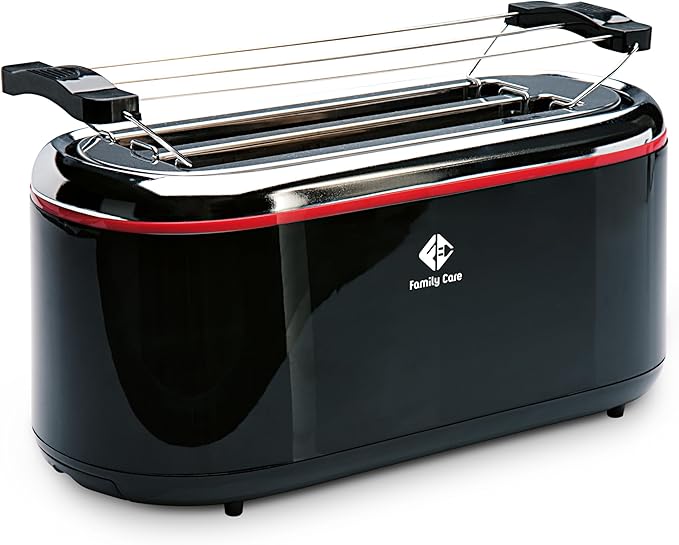 Family Care Tostadora Pan Doble Ranura Larga 1300W - 2 Rebanadas Largas de Pan, 3 Funciones, Soporte para Bollería, 7 Niveles de Tueste, Cuerpo Acero Inoxidable