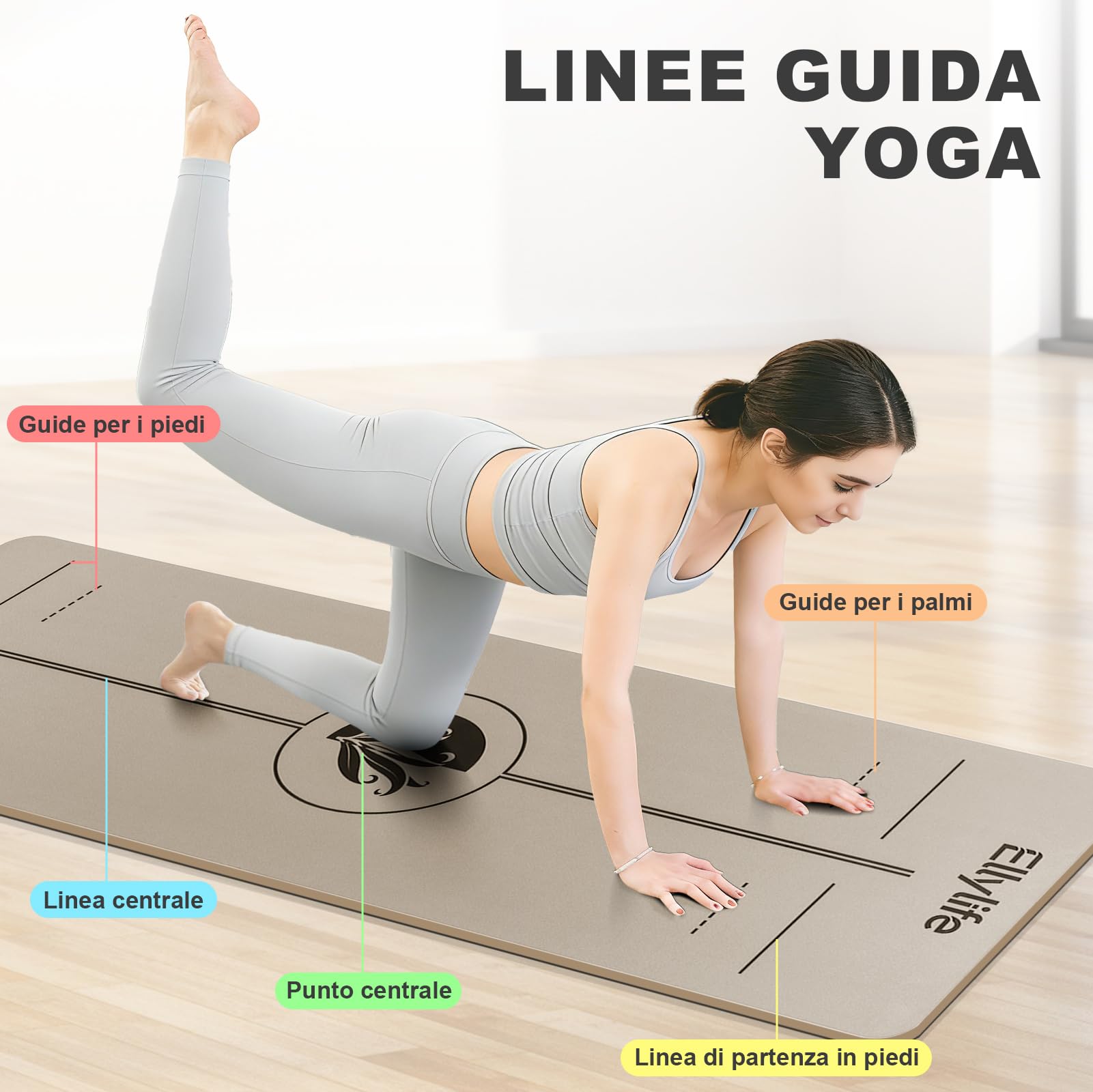Tappetino Yoga Antiscivolo Spesso, con segni di allineamento del corpo, Gomma naturale + TPE ecologico o PU, Delicato sulla pelle, Forte presa, con Cinghia, per Yoga, Pilates e Fitness