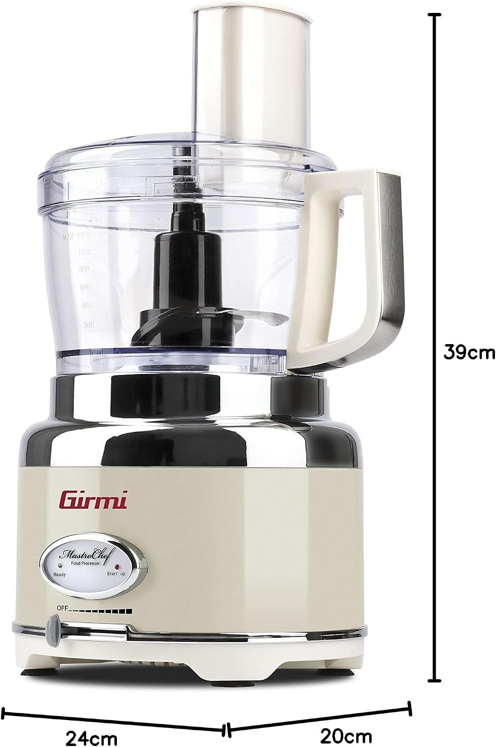 Girmi RB90 Mastro Chef Food Processor with dimensions labeled