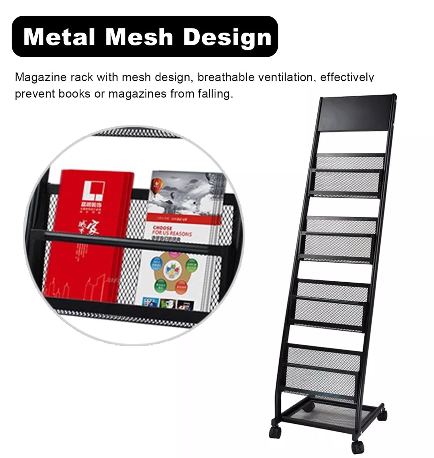 Revistero de Malla metálica de 5 Capas para exhibir folletos, revistero de pie con Ruedas, Soporte Vertical para Archivos para decoración y organización, Organizador Multiusos