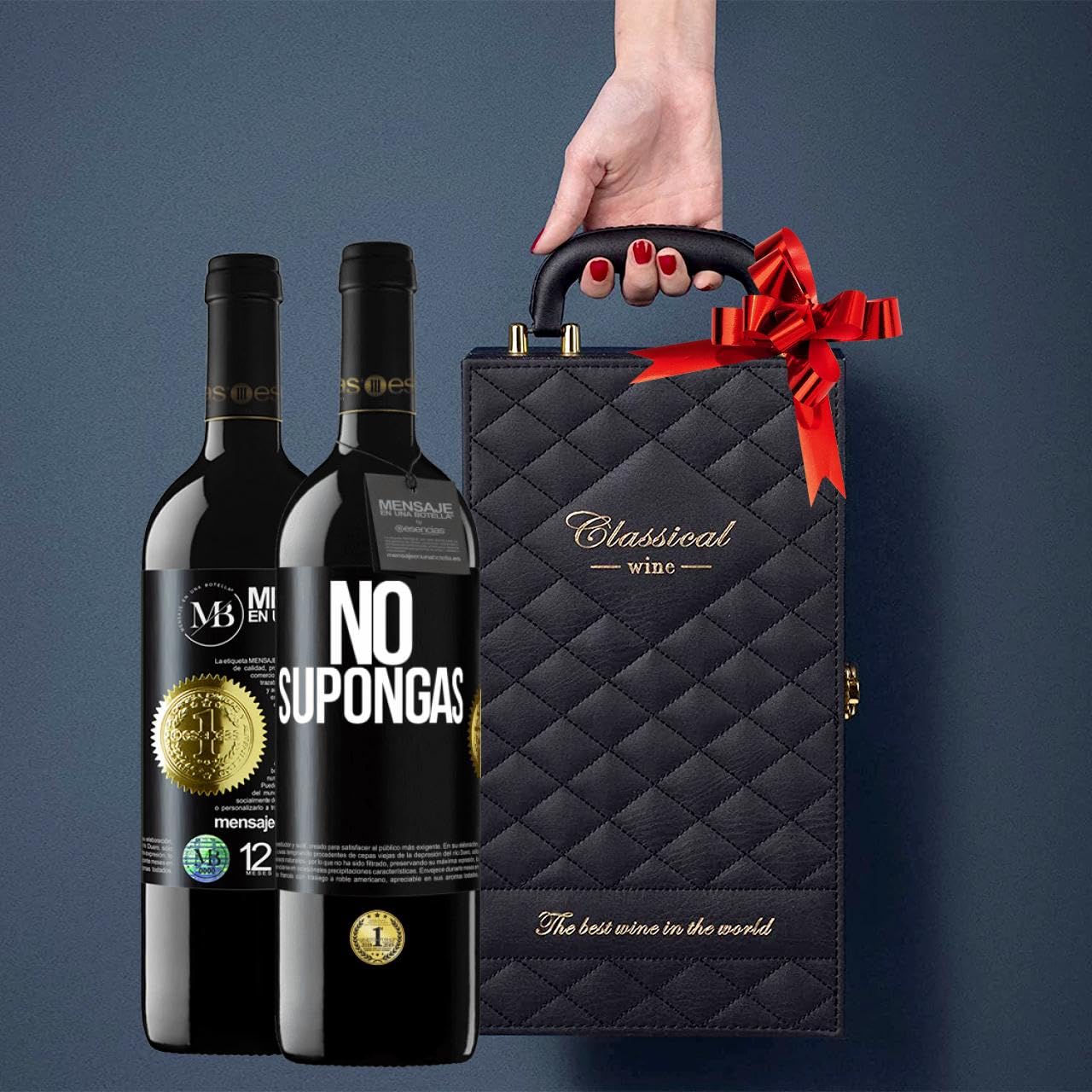 «No supongas» Mensaje en una Botella. Estuche-Maletín de LUJO 2x Vino Tinto Premium Reserva 12 Meses y Set de 4 Accesorios. Etiqueta Negra PERSONALIZABLE