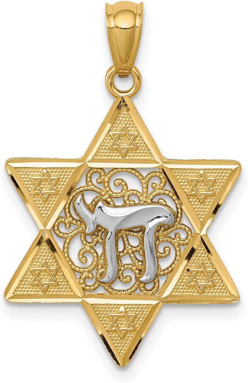14k Two-Tone Gold Star of David Chai Pendant Necklace with Filigree Detailing, Religious Jewish Jewelry Featuring Hebrew Life Symbol, Faith Inspired Spiritual Charm for Men or Women 27 mm x 17 mm