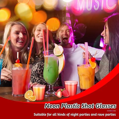 Miniatura 6 de Tioncy 100 vasos de chupito de plástico neón de 1 oz, vasos desechables de colores, mini vasos de fiesta para cóctel, whisky, vino, cumpleaños,