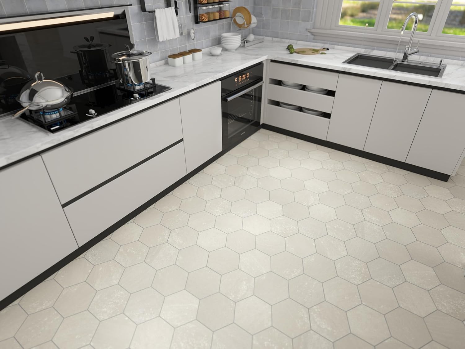 W&S 24-Sheets Beige Hexagon Peel and Stick Floor Tile, Faux Stone Peel and Stick Backsplash for Kitchen, Self Adhesive Luxury Flooring Tile DIY for Bathroom, Living Room, RV