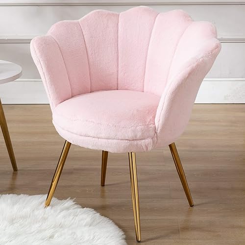 Wahson Silla tapizada de piel sintética de felpa, cómoda silla de concha marina con detalle de barril rosa claro con patas doradas, silla de comedor