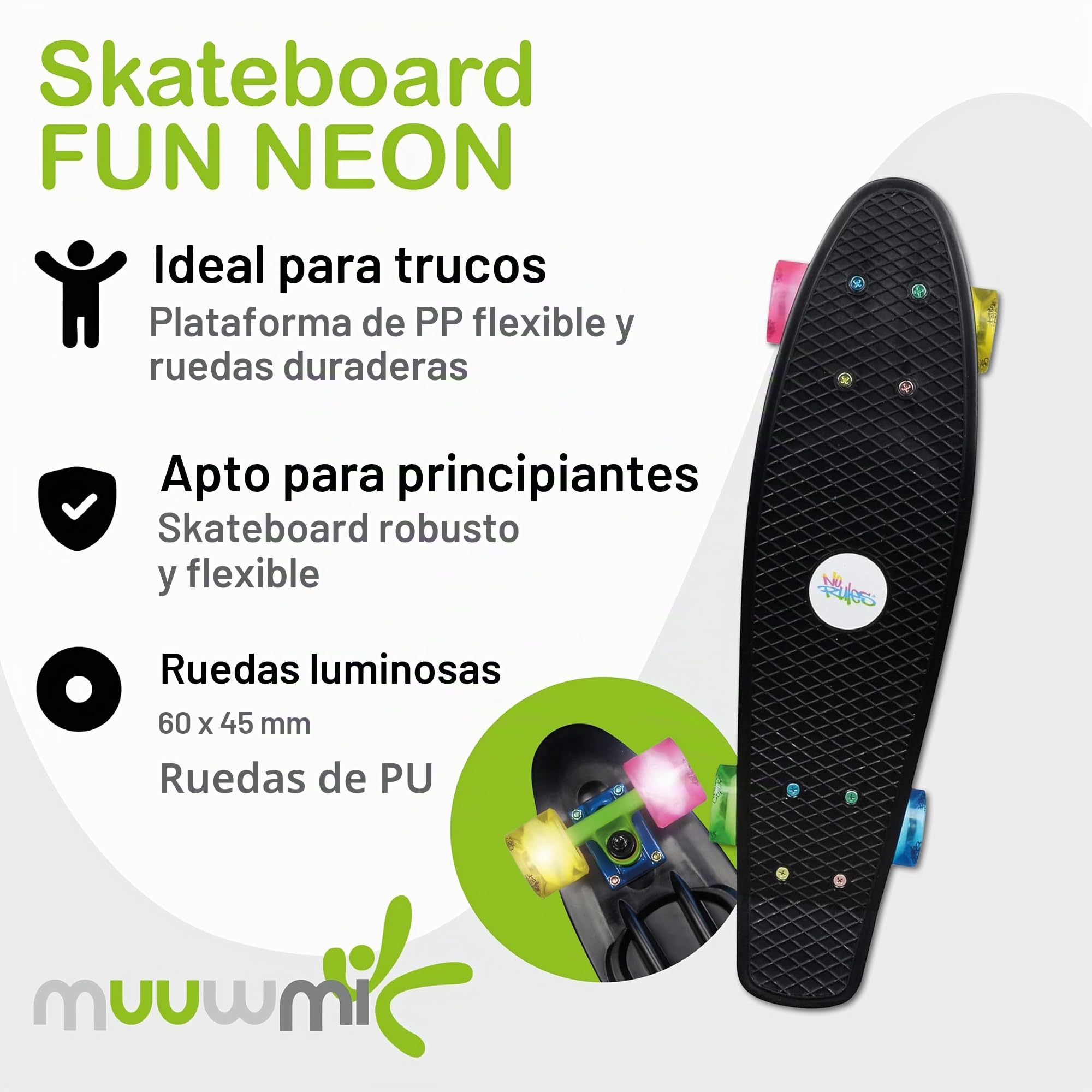 Authentic Sports & Toys GmbH - Monopatín con Ruedas Luminosas, Color neón