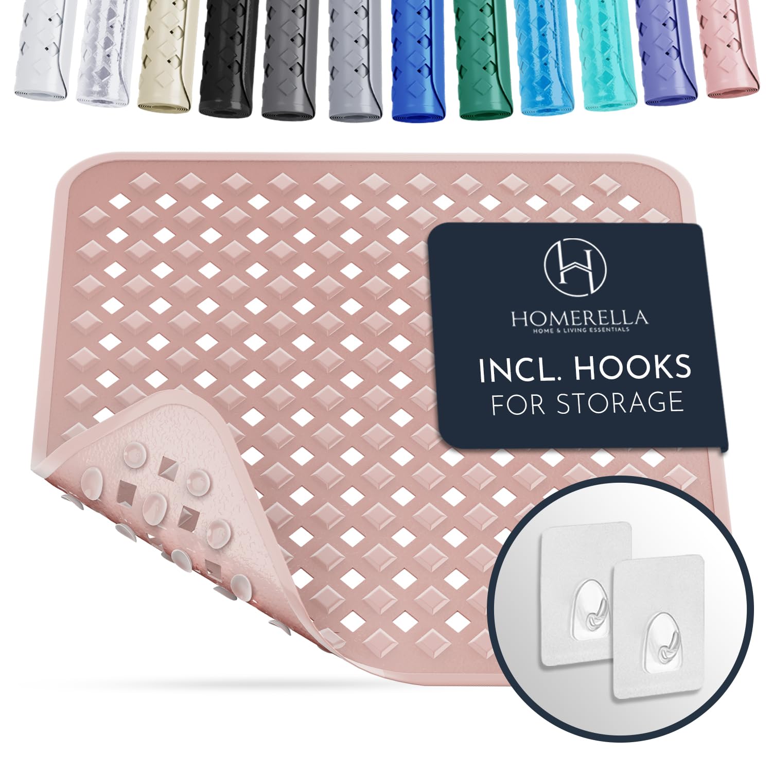 Homerella Anti Slip Shower Mat | Anti Mold Non Slip Bathtub Mat for Inside Shower | Square Floor Shower Mat 21 x 21 inch with Suction Cups for Grip & Hooks Hanging and Quick Drying | Machine Washable