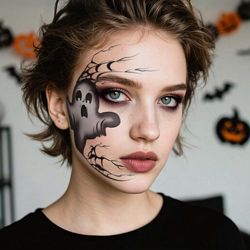 Halloween Fake Temporary Face Tattoos Day of the Dead Eyeshadow Makeup Stickers with Butterfly Sparkling Little Diamond Bloody Tears Eyeliner for Women Witch Decoration(Style 2)