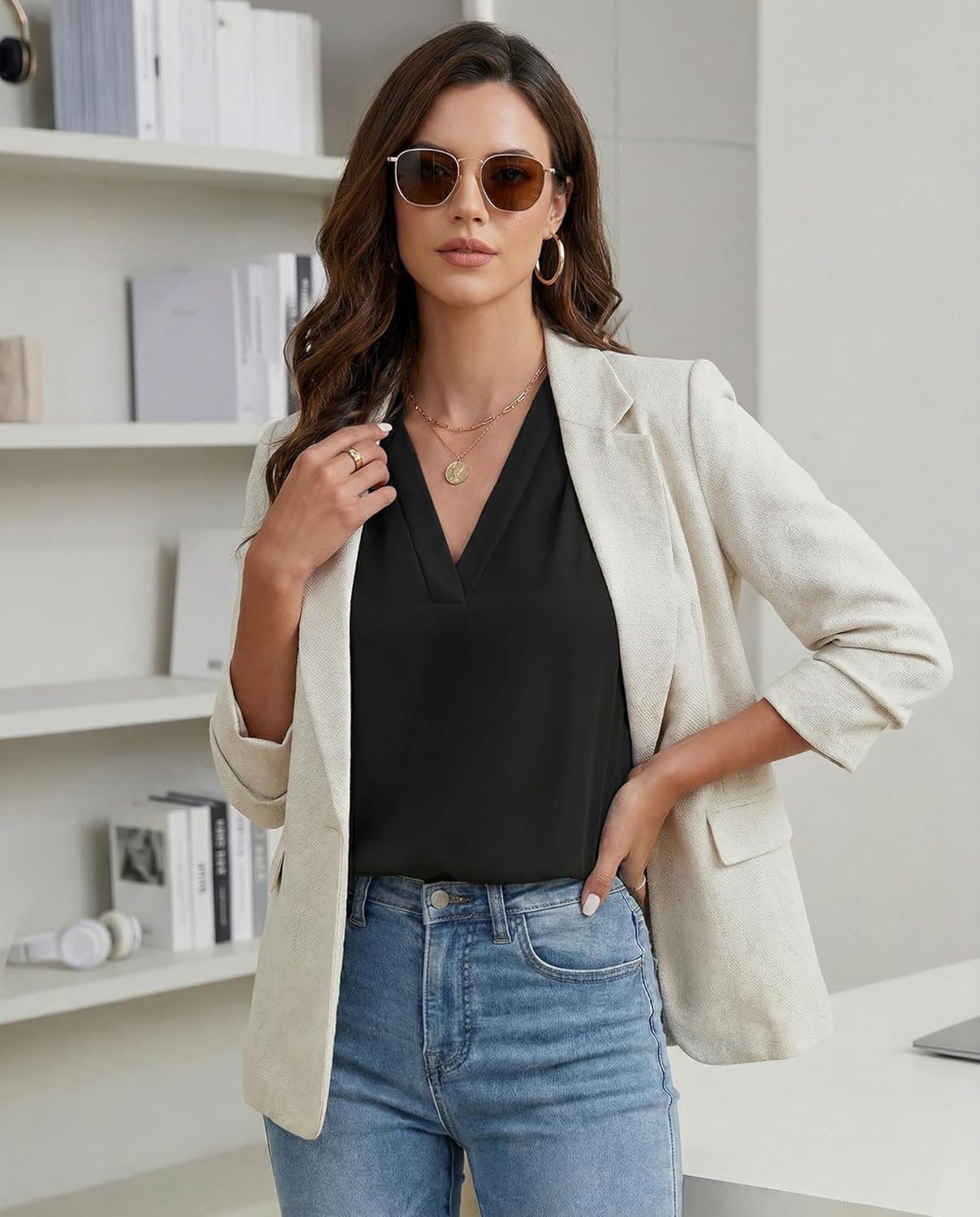 Timeson Womens Summer Tops Dressy Casual Short Sleeve Women Blouses V Neck Work Office Shirts - Image 7