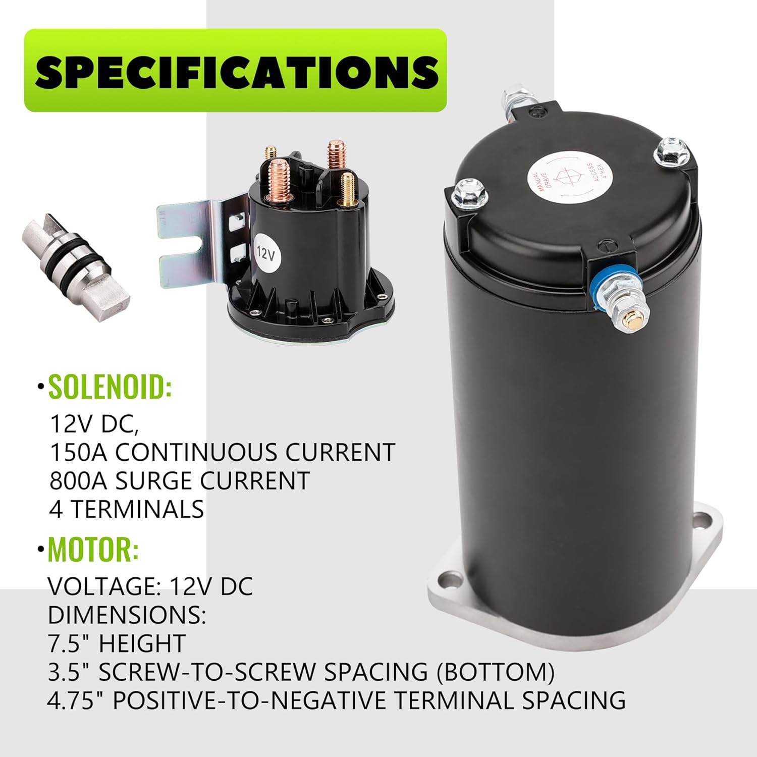 179327 414850 Hydraulic Pump Motor for RV Leveling System Kit Unidirectional Power, 7.5 Height with Manual Drive and Collar Coupling 286722, with Bracket 684-1211-212, 161394, 12V 800A