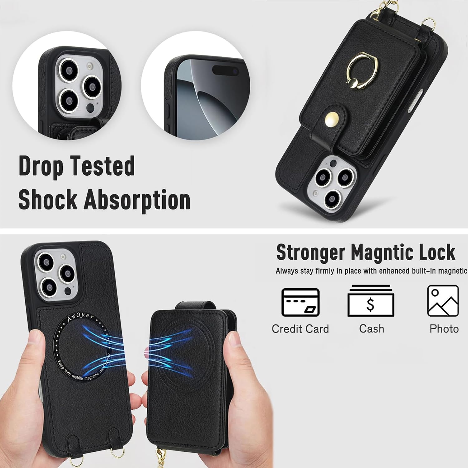 Asuwish Phone Case for iPhone 16 Pro Max 6.9 inch Wallet Cover Detachable and Screen Protector Ring Kickstand Compatible with MagSafe RFID Blocking i Phone16 16Pro i16 ProMax 16ProMax for Women Black