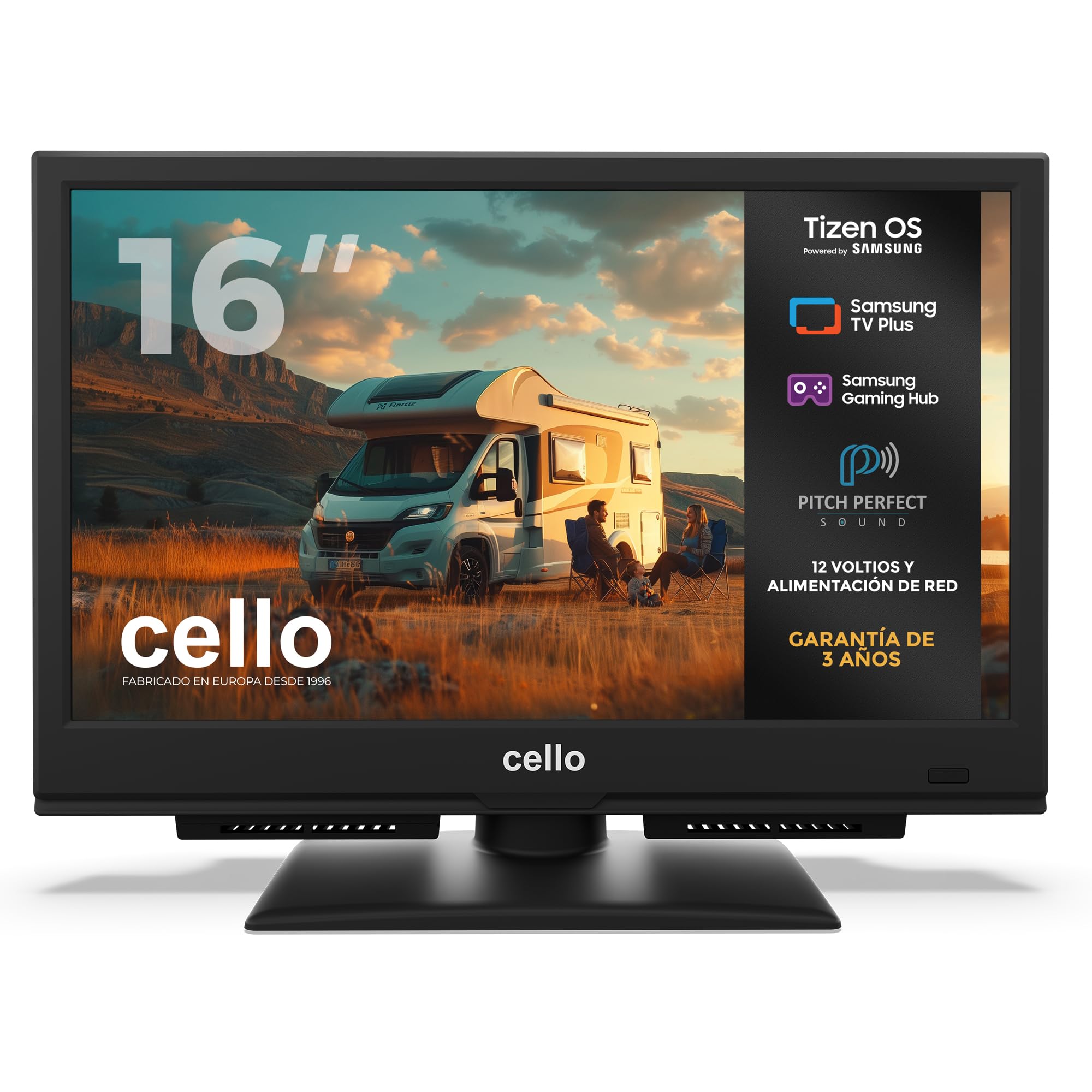 Cello CTRAV-16TZ Smart TV de 16 Pulgadas, 12 V/230 V, Tizen OS de Samsung, Gaming Hub, Bluetooth y sintonizador Triple