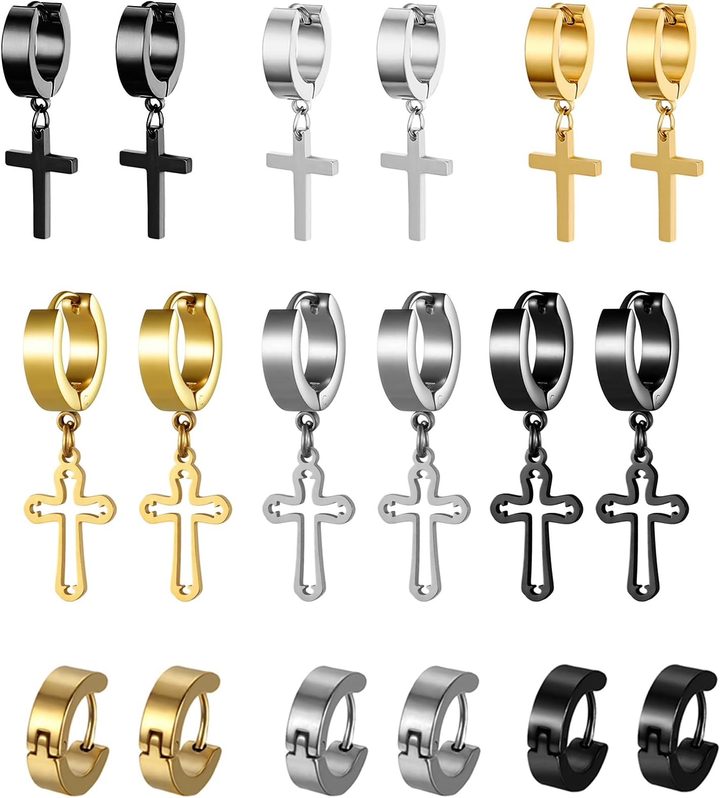 Cupimatch9 Pairs Hollow Cross Dangle Huggie Hinged Hoop Earrings for Men Women