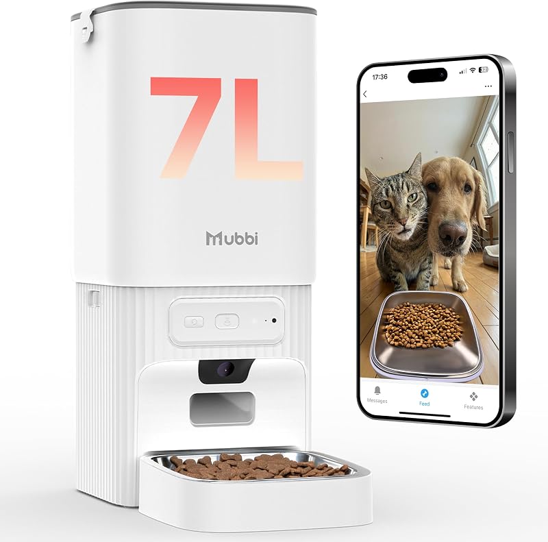 Comedero Automático para Gatos con Cámara - Dispensador de Comida para Gatos WiFi 5G con Visión Nocturna, Comedero Automático para Perros de 7L, 1-15 Comidas, 1-99 Porciones, Audio de 2 Vías, Sin Atascos, Grabación de Voz de 10s, Alimentador Automático para Mascotas Temporizado