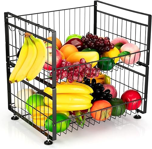 Fashionwu Cesta de frutas de 2 niveles con 4 ganchos extraíbles de plátano frutero para encimera de cocina organizador de almacenamiento de cocina