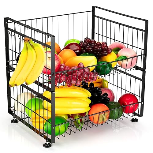 GlowSol Cesta de frutas de 2 niveles con 4 ganchos para plátanos, estante de almacenamiento de productos para encimera de verduras, estante de