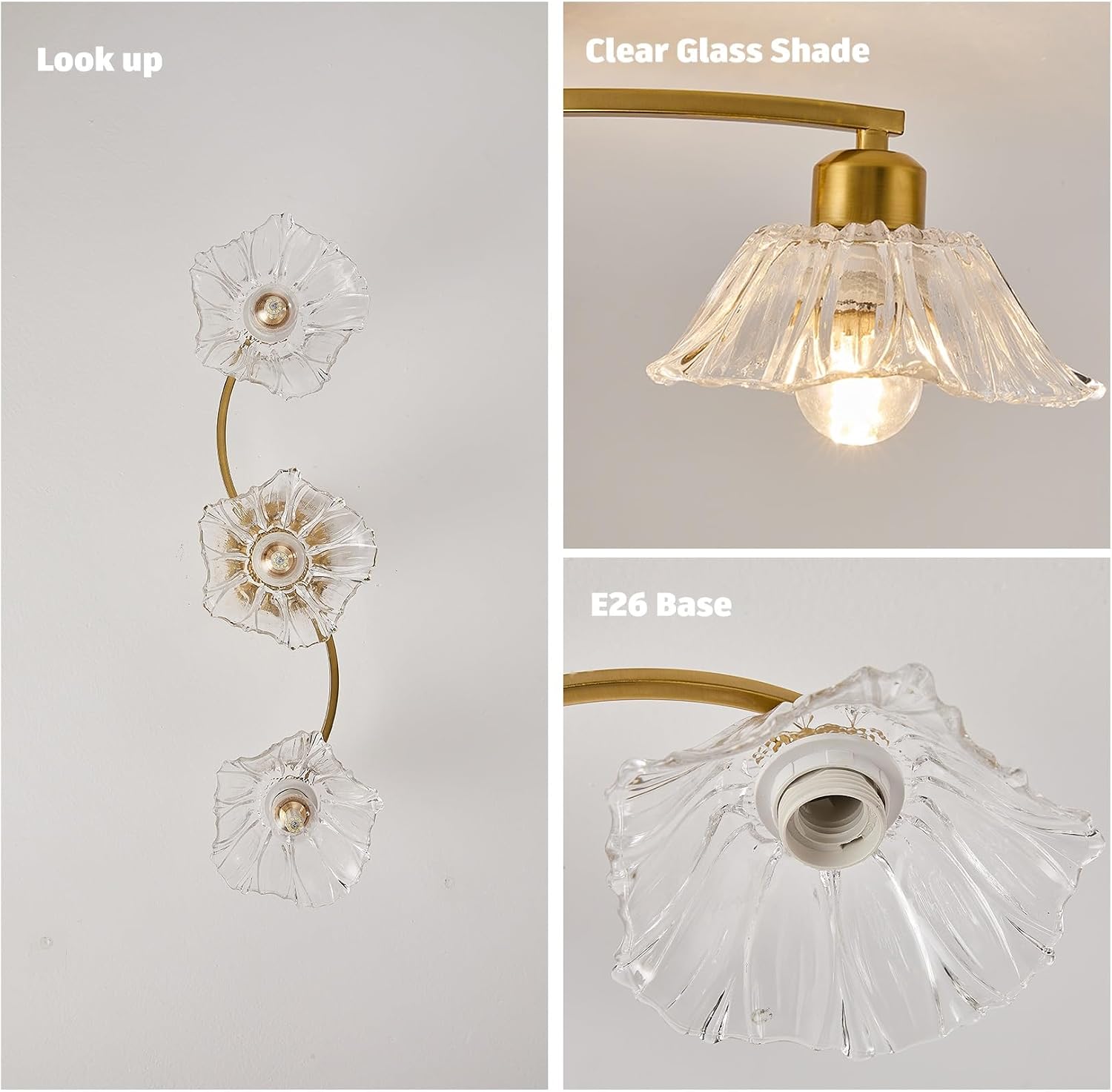 Semi Flush Mount Ceiling Light Fixture,3 Lights Modern Glass Shade Chandelier, Mini Ceiling Fixture for Entryway, Kitchen, Bedroom, Golden