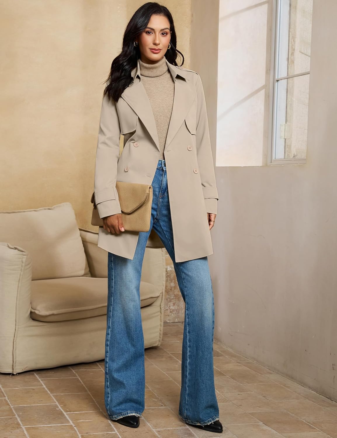 luvamia Trench Coat Women Mid Length Classic Double Breasted Lapel Business Casual Fall Jacket Coats Outerwear with Belt - Image 7