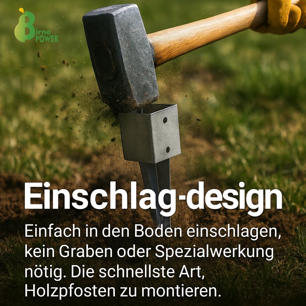 BirnePower Pfostenträger 6er Set 121x121 mm Einschlagbodenhülsen Pfostenanker Square Erdanker Erdspieß Bodenanker Einschlaghülse aus Stahl zum Einschlagen für Holzpfosten Feuerverzinkt Länge 900 mm