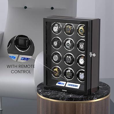 DUKWIN Watch Winder for 12 Automatic Watches with Key Lock, LCD Screen, Remote Control, LED Light, Adjustable Watch Pillow and Supper Quiet Motor for Universal Watches