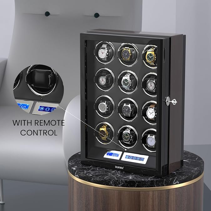 DUKWIN Watch Winder for 12 Automatic Watches with Key Lock, LCD Screen, Remote Control, LED Light, Adjustable Watch Pillow and Supper Quiet Motor for Universal Watches