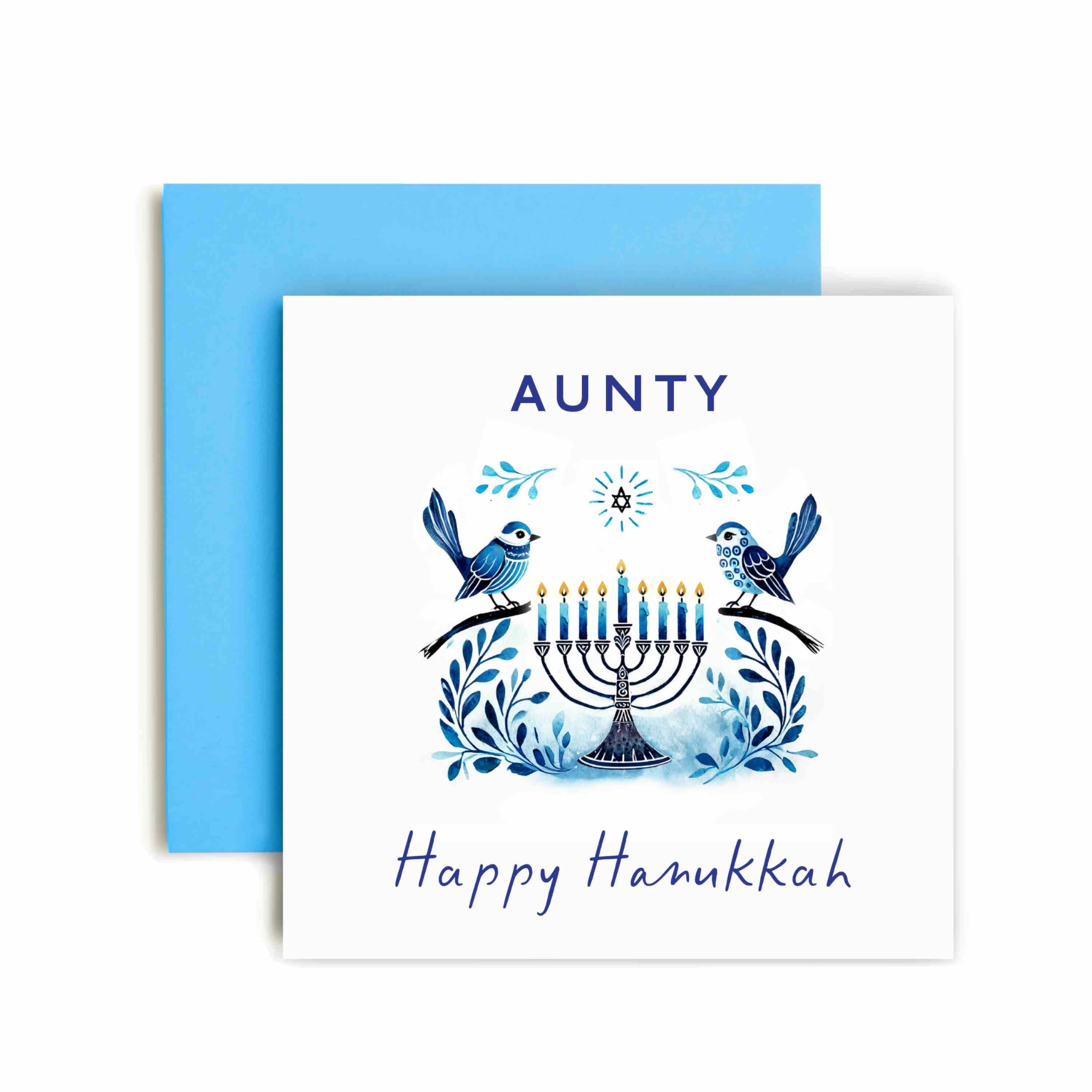 Huxters Hanukkah Cardfor Aunty – Menorah and Bird Watercolour Design – Jewish Festival of Lights DreidelTraditions (Aunty)