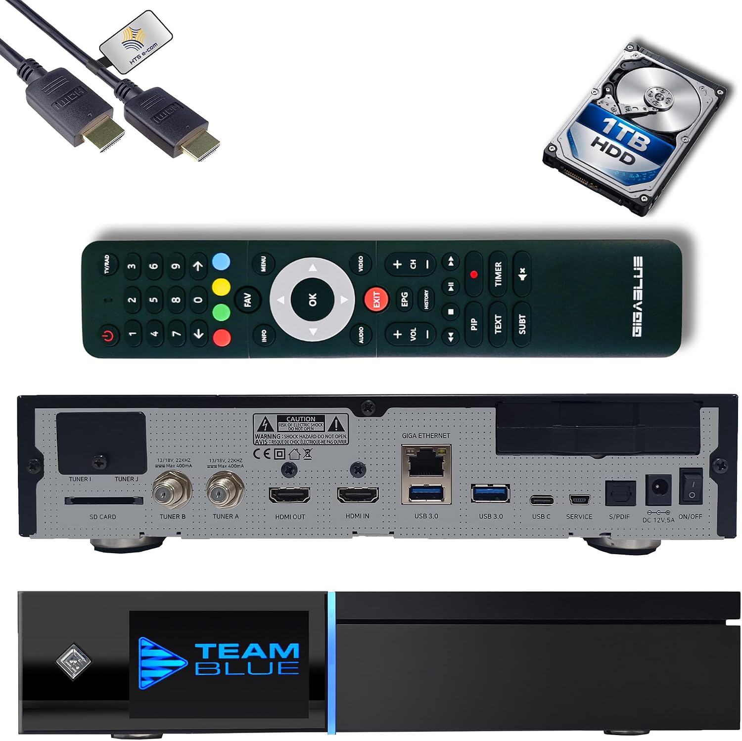 GigaBlue UHD Quad 4K Pro 2X FBC DVB-S2 Twin Sat Receiver with Dual Core CPU E2 Linux OS 4GB RAM 8GB eMMC Bluetooth 5.4 H.265 1200Mbit WiFi 3x USB 3.0 HTS e-com HDMI Cable + 1TB HDD