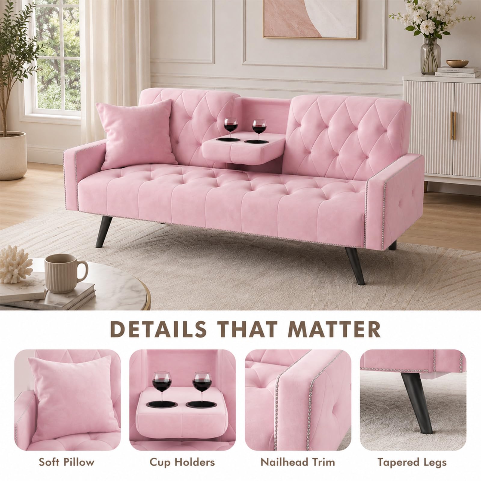 Anwick Modern Velvet 2 in 1 Futon Sofa Bed,Convertible Folding Sleeper Bed Couches with 2 Pillows,73" Tufted Recliner Love Seat with Golden Chrome Legs for Living Room Apartment Office (Pink)