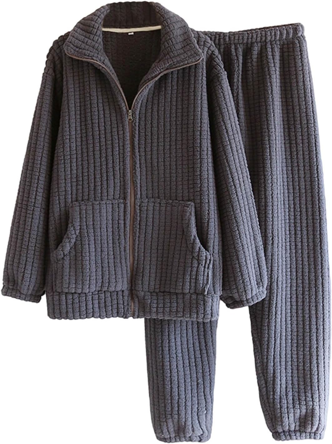 Fluffy Pajamas for Women Set Winter Fleece Zip Up Coats Warm Fuzzy Pjs Flannel 2 Piece Lounge Sets with Pockets