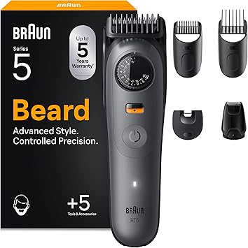 Braun Regolabarba Uomo Series 5, Rasoio Elettrico Barba, +5 Strumenti Styling, Lama Ultra Affilata, 120 Min Autonomia, Impermeabile, Selettore di Precisione con 40 Lunghezze&Blocco Bt5525 Grigio