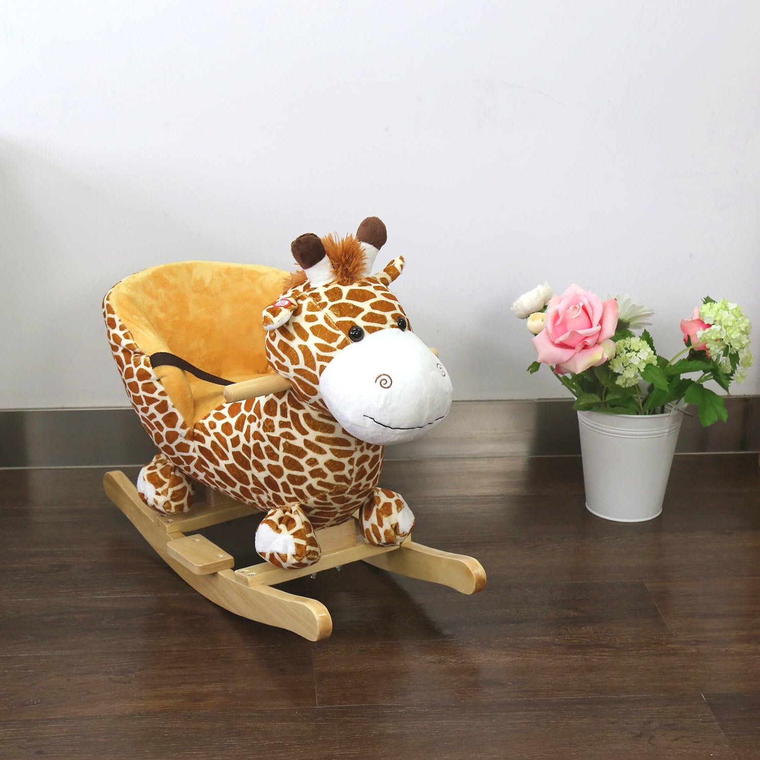 Onе-Dау Sаlе: Uр tо 70% оƒƒ Kinsuite Baby Kids Ride-On Rocking Horse Animals Toy Plush Wooden Giraffe Rocker with 32 Nursery Rhymes Seat Belts