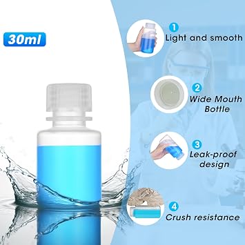 1oz/30ml Plastic Sample Bottles with caps, Wide Mouth Reagent Bottle with Lids Leak Proof Containers Water Sample Bottles for Laboratories, Travel(10Pcs)