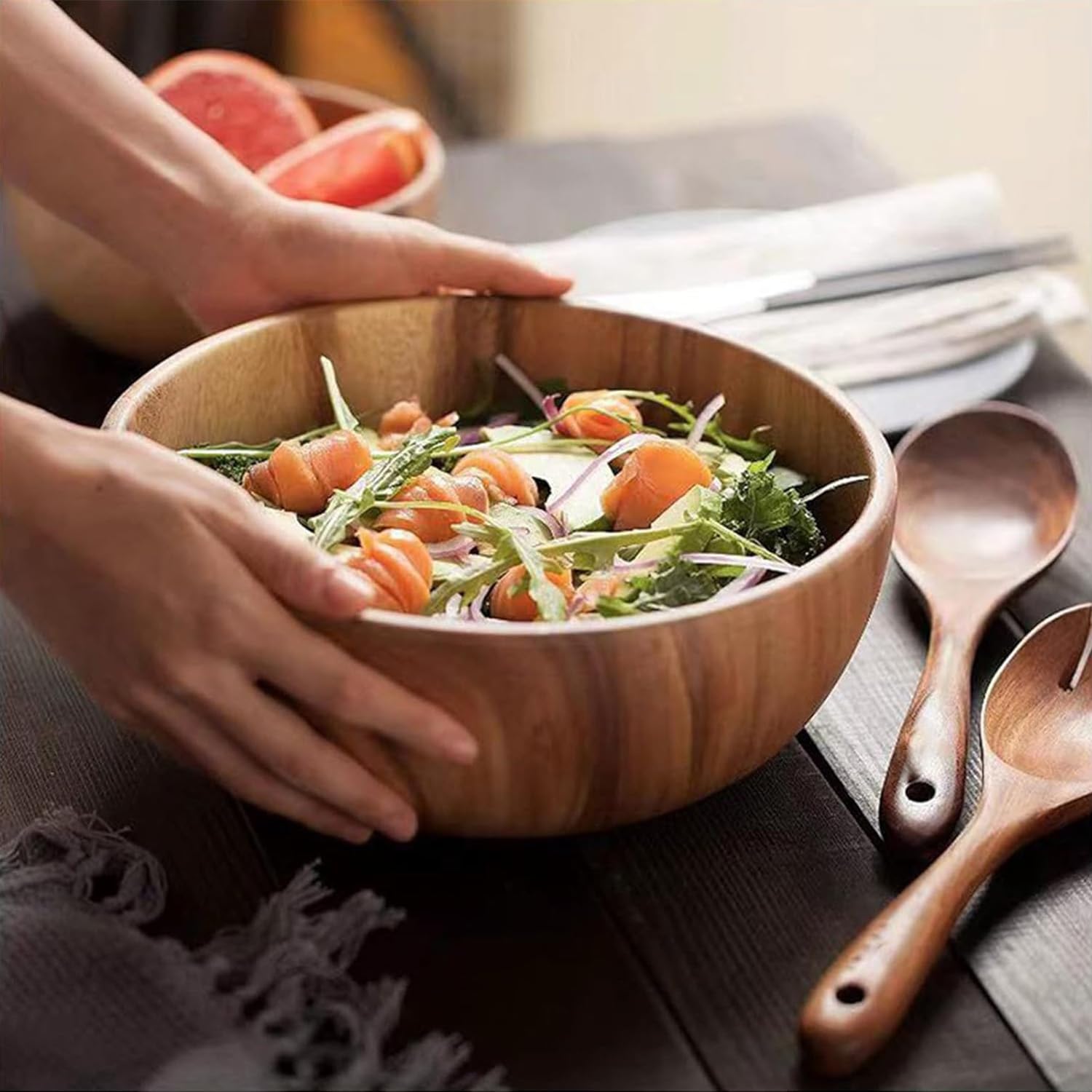 YXE Juego de cuencos de madera para ensalada, 24 x 7 cm, cuenco grande de madera de acacia con cuchara de ensalada y tenedor para mezclar frutas, cereales, pasta, pasta (juego de 3 cuencos grandes