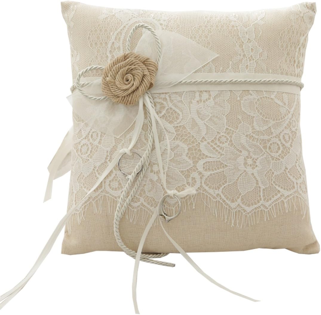 SILKTALK Handmade Hessian Wedding Ring Pillow Rustic Burlap Ring Cushion Bearing with Eyelash Lace 21cm*21cm