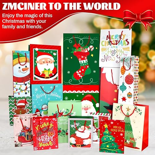 Miniatura 6 de ZMCINER 16 bolsas de Navidad de papel kraft blanco para regalos, bolsas de regalo de varios tamaños con asa de papel para regalos