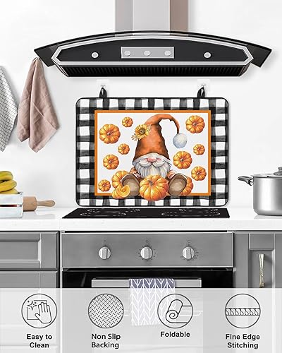 Miniatura 5 de Cubierta de estufa para estufa eléctrica, calabazas de gnomo naranja otoñal, cubierta superior de estufa a cuadros de búfalo negro y blanco para