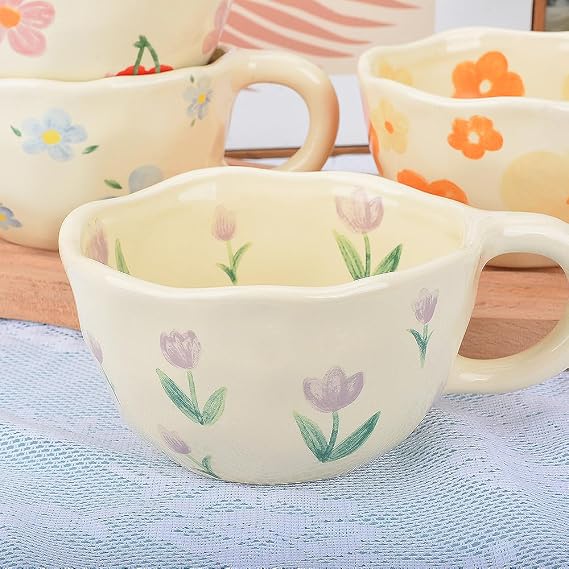 Cute Coffee Mug, Ceramic Tea Mugs, Handmade Irregular Coffee Cup, Purple Tulip Flower Mug with Spoon, Aesthetic Mugs for Milk Cocoa, Mother’s Day Gift for Mom Women Christmas 250ml (Purple)