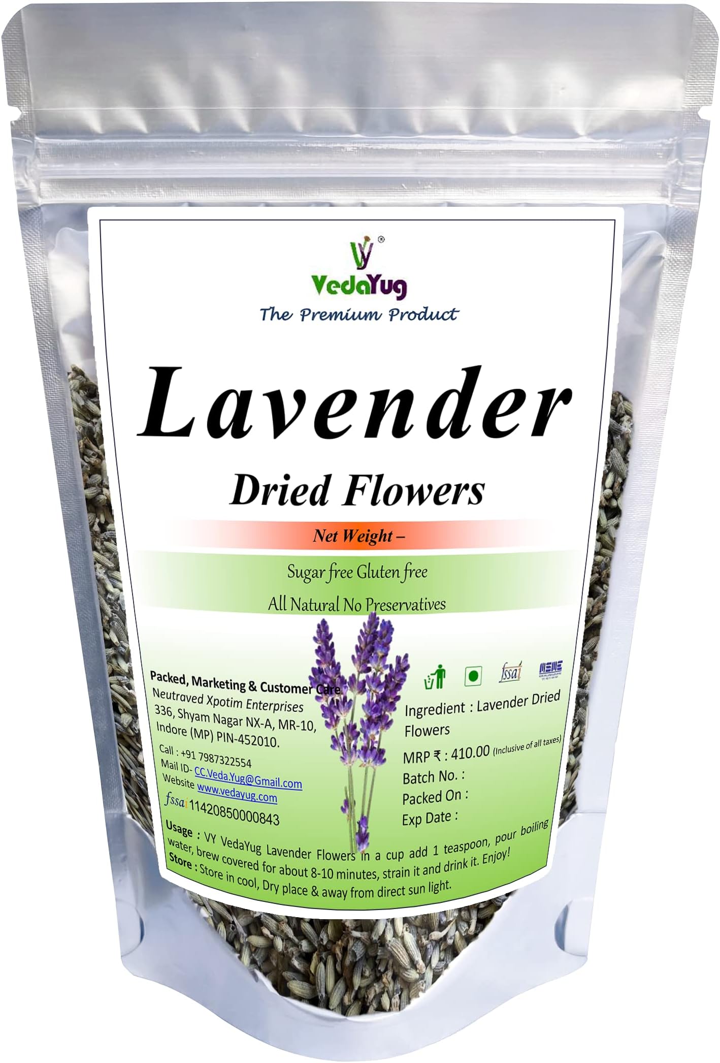 VY VedaYugLavender Flowers, Dried, Raw from France, All Natural, Fresh Fragrance, for Tea, Baking, Bath - 100g