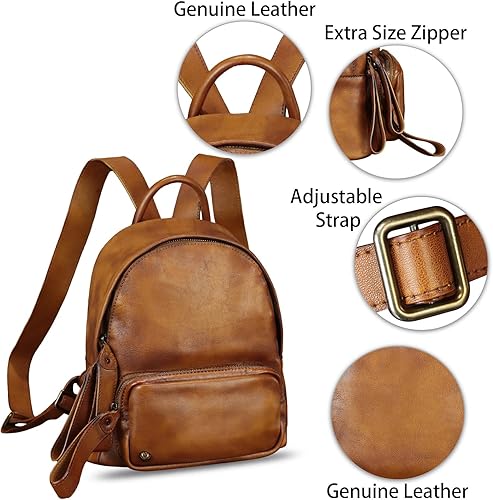 Miniatura 6 de IVTG Mochila de cuero genuino para mujer, mochila de cuero vintage, hecha a mano, casual, mochila para el día, Marrón, Mochilas Daypack
