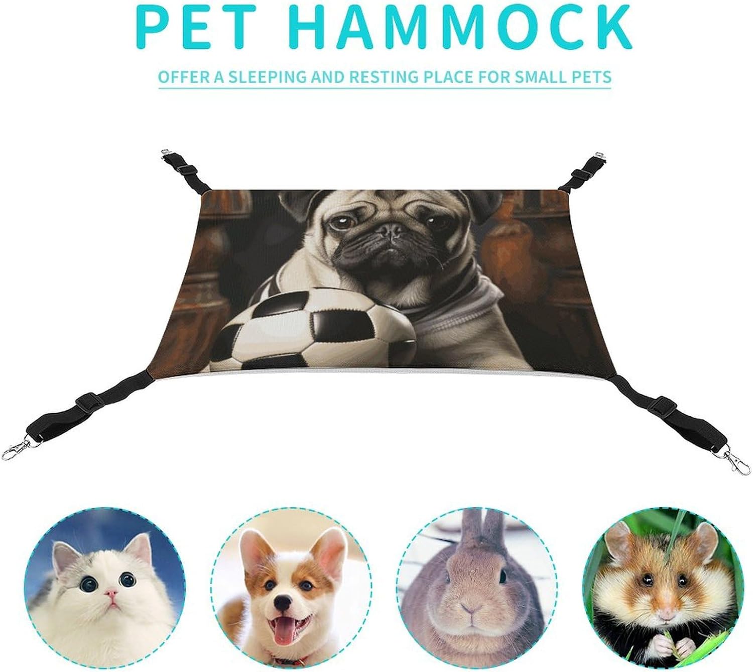 review Hanging Pet Hammock, Pug Dogs with Soccer Ball Football Printed Soft Breathable Pet Hammock with Adjustable Straps and Metal Hooks for Cats Small Dogs Rabbits Sugar Gliders