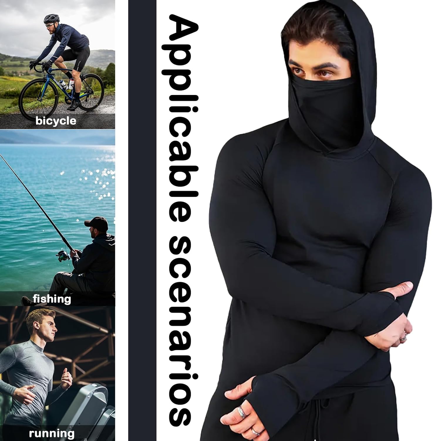 3-Piece Men's Hooded Sportswear Set, Comfortable Breathable Athletic Tops with Built-in Face Mask, Navy Blue, Gray, Black - Image 3