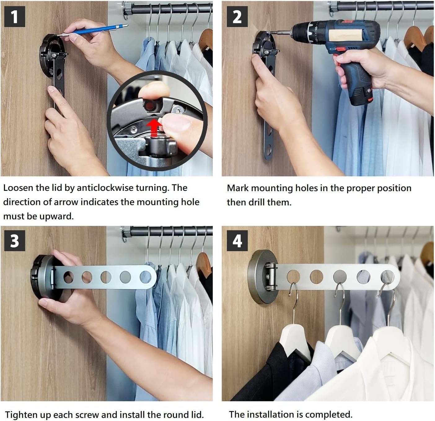 Greatim Laundry Hanger Wall Mount, Wall Mounted Clothes Hanger, Wall Mounted Foldable Clothes Racks for Hanging Clothes, Space Saving Closet Valet Rod, Wall Clothing Hanging System, Iron Grey