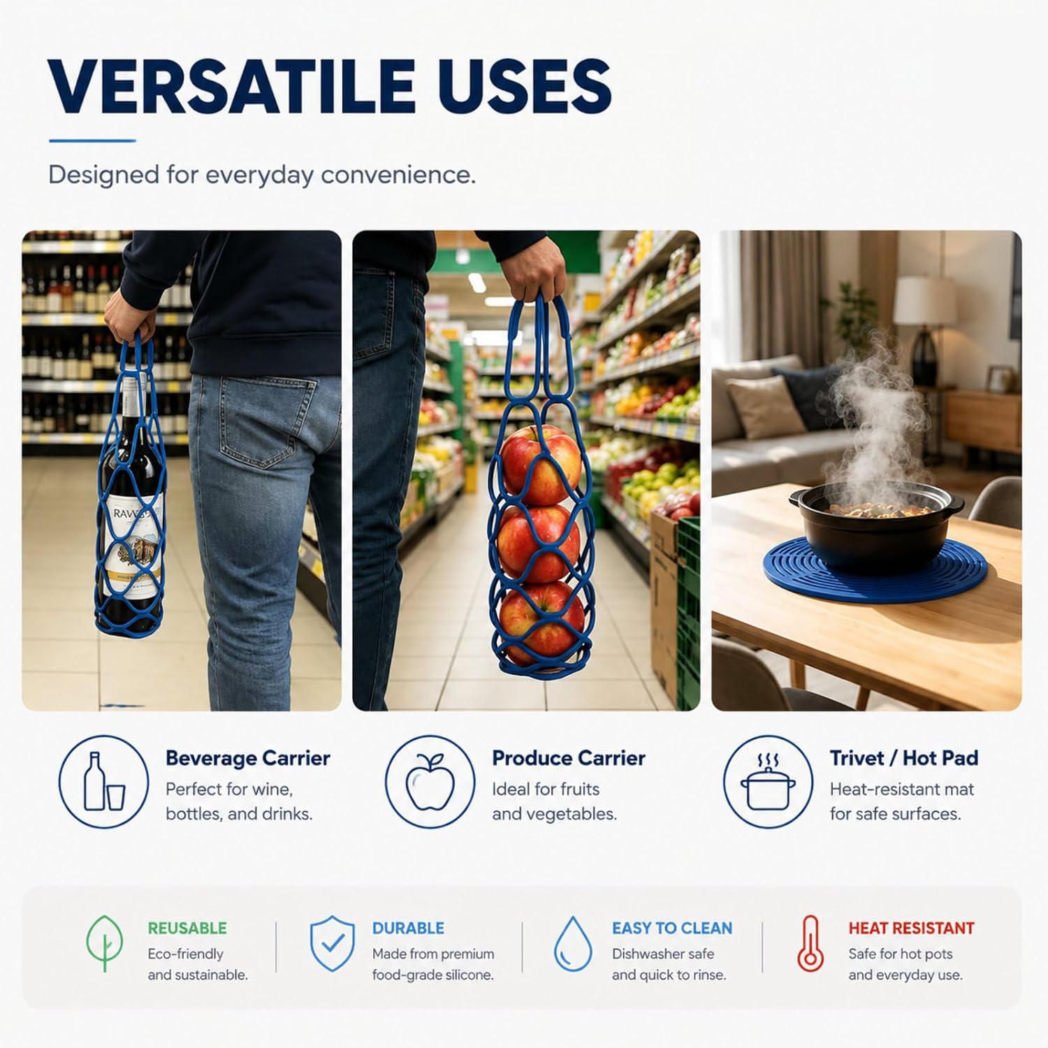 Portable Silicone Wine Bottle Bag, Reusable Foldable Wine Bottle Holder, Protective Bottle Sleeve & Coaster, Multi-Use Wine Tote Storage Organizer for Standard Bottles, Travel, Parties