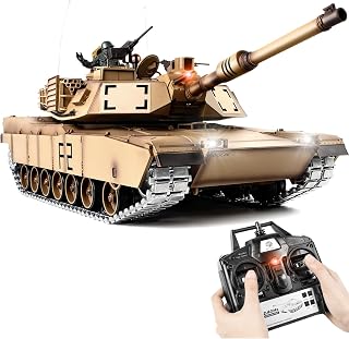 1/16 RC Tank, Heng Long US M1A2 Abrams Army Toy with Smoke, Sound and Lights, Remote Control Tank That Shoots with Upgraded Metal Tracks, Idler and Sprocket Wheel, Steel Gearbox, Batteries*2
