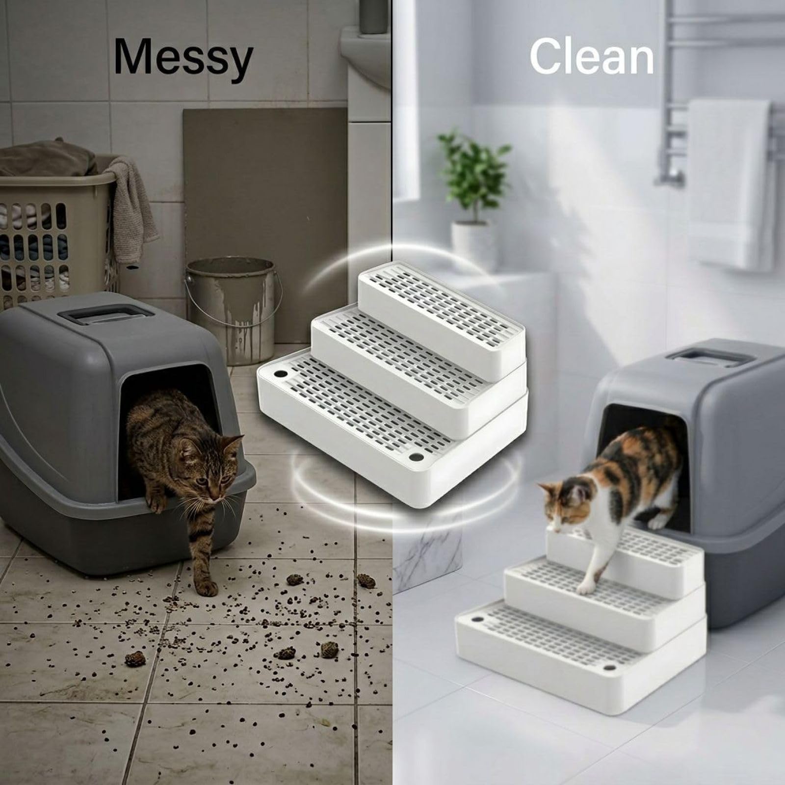 Scalini per il controllo dei rifiuti della lettiera per animali domestici, sgabello a 3 strati anti-tracciamento, regolabile, pedali cavi staccabili, ABS bianco, per pulizia automatica, gatti