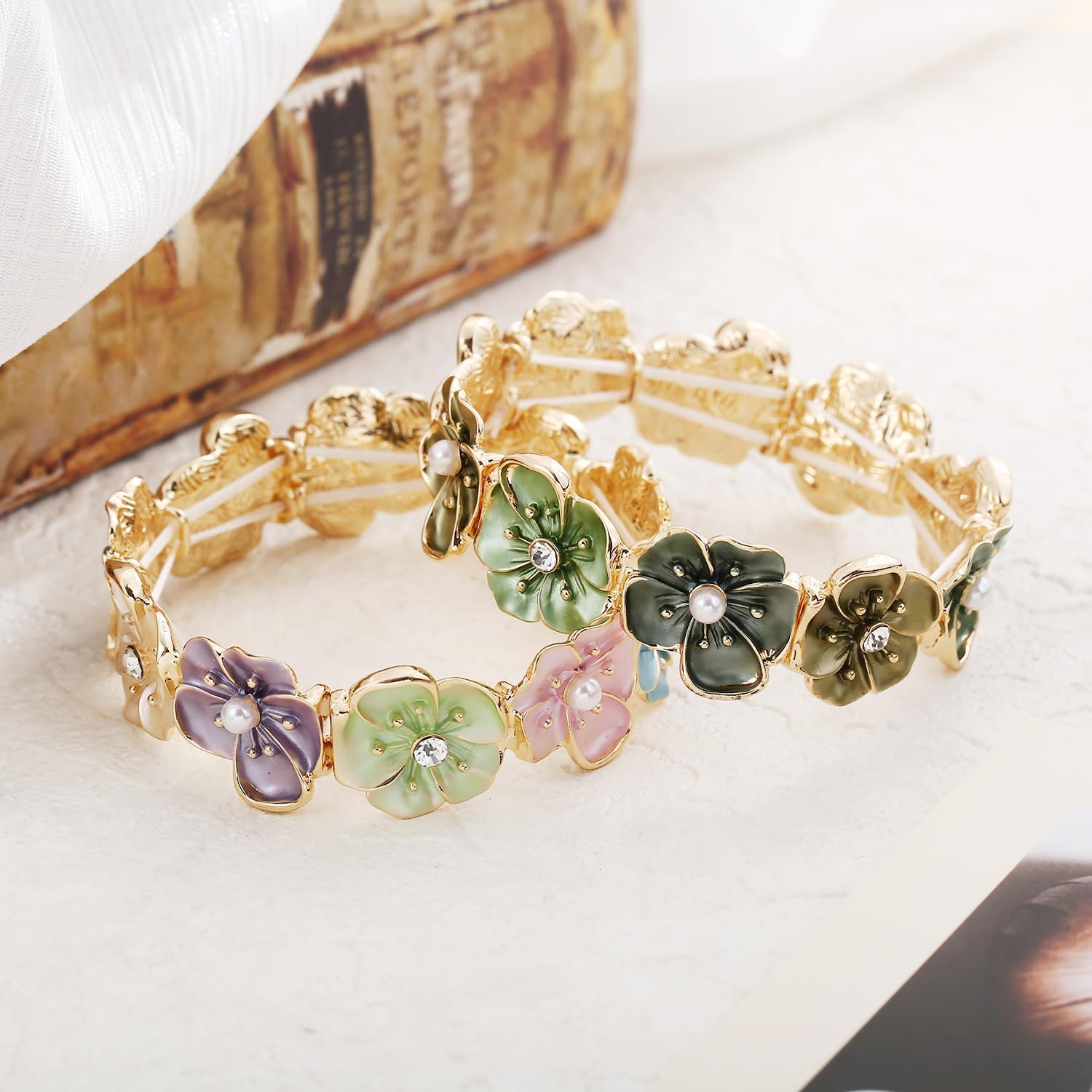 LUREME 3D Enamel Flower Bracelet with Pearl & Crystal Center, Pastel & Forest Green Stretch Cuff, Lightweight Elastic Bangle for Women(bl003637)