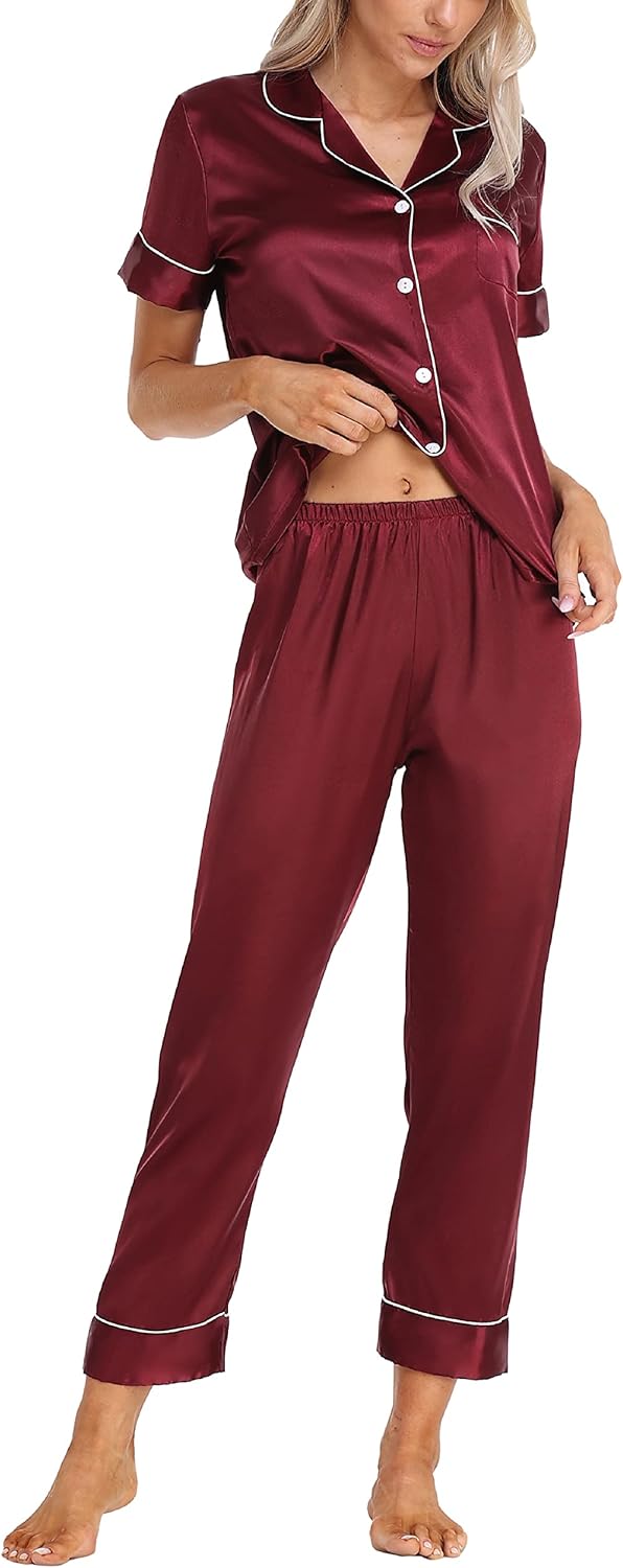 Women's Satin Pajamas Set 2 Piece Pj Set Sleepwear Notch Collar Short Sleeve T-Shirt Button-Down Loungewear with Long Pants - Image 3